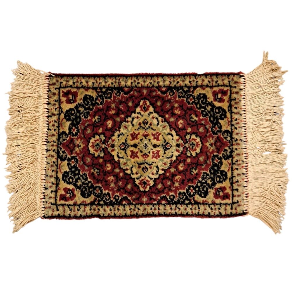 Vintage Oriental Small Rug Miniature Hand-Knotted Wool Fringe Red 10x14 in